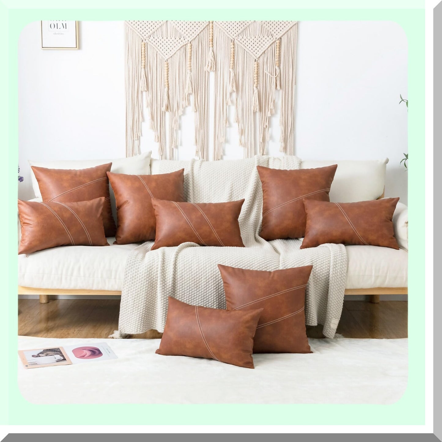 Boho Farmhouse Cognac Stripe Pillow Covers - Set of 2, 20X20 Inch Leather Accent Square Throw Pillow Covers for Home Decor, Living Room, Bedroom & Outdoor Couch Bed