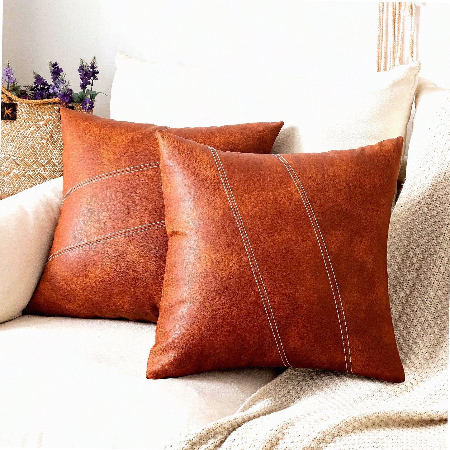 Boho Farmhouse Cognac Stripe Pillow Covers - Set of 2, 20X20 Inch Leather Accent Square Throw Pillow Covers for Home Decor, Living Room, Bedroom & Outdoor Couch Bed