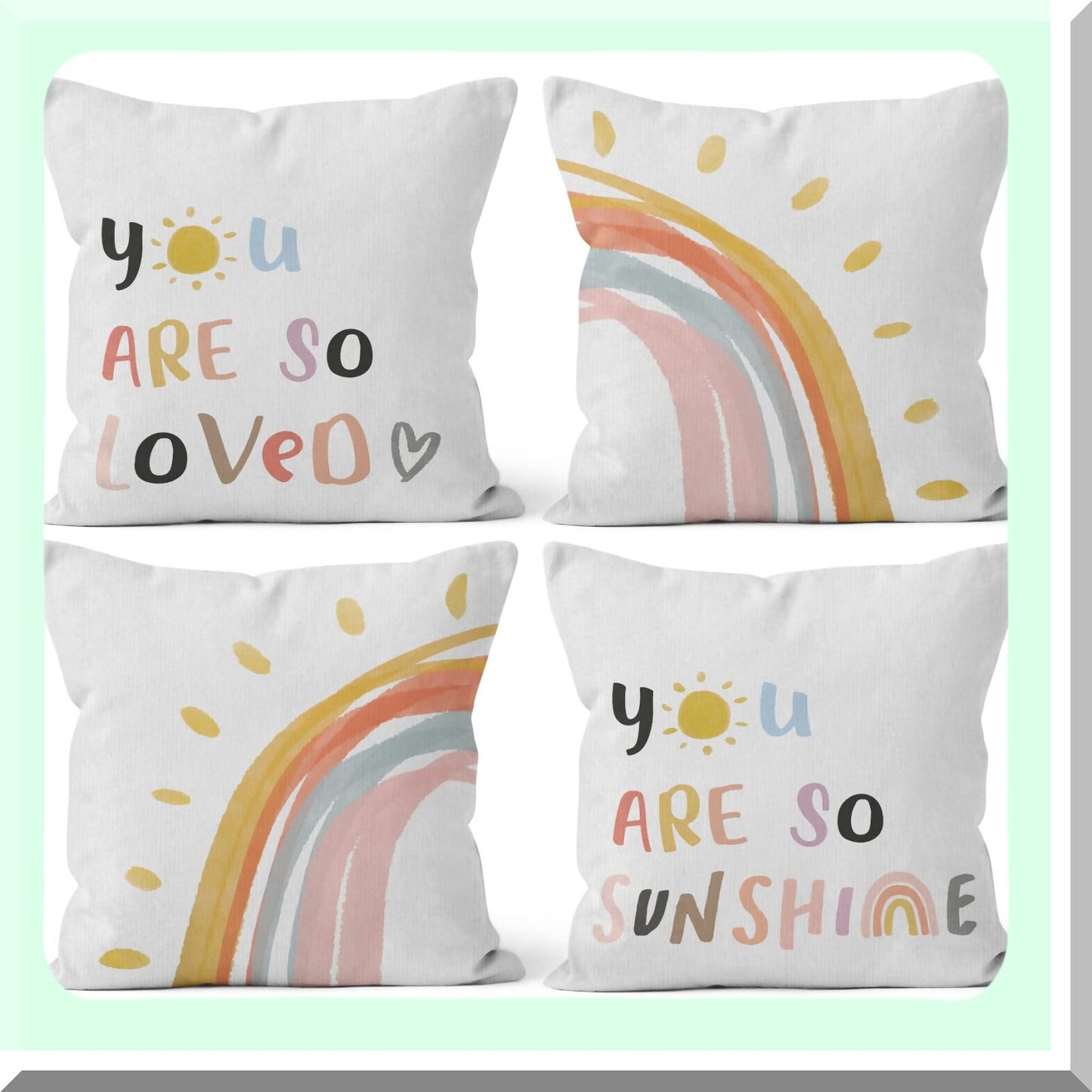 Sunshine Love Rainbow Pillowcase Set - Boho Decorative Throw Pillow Cover for Sofa Bed Baby Room Nursery Decor - Encouragement 18x18 Inch Case