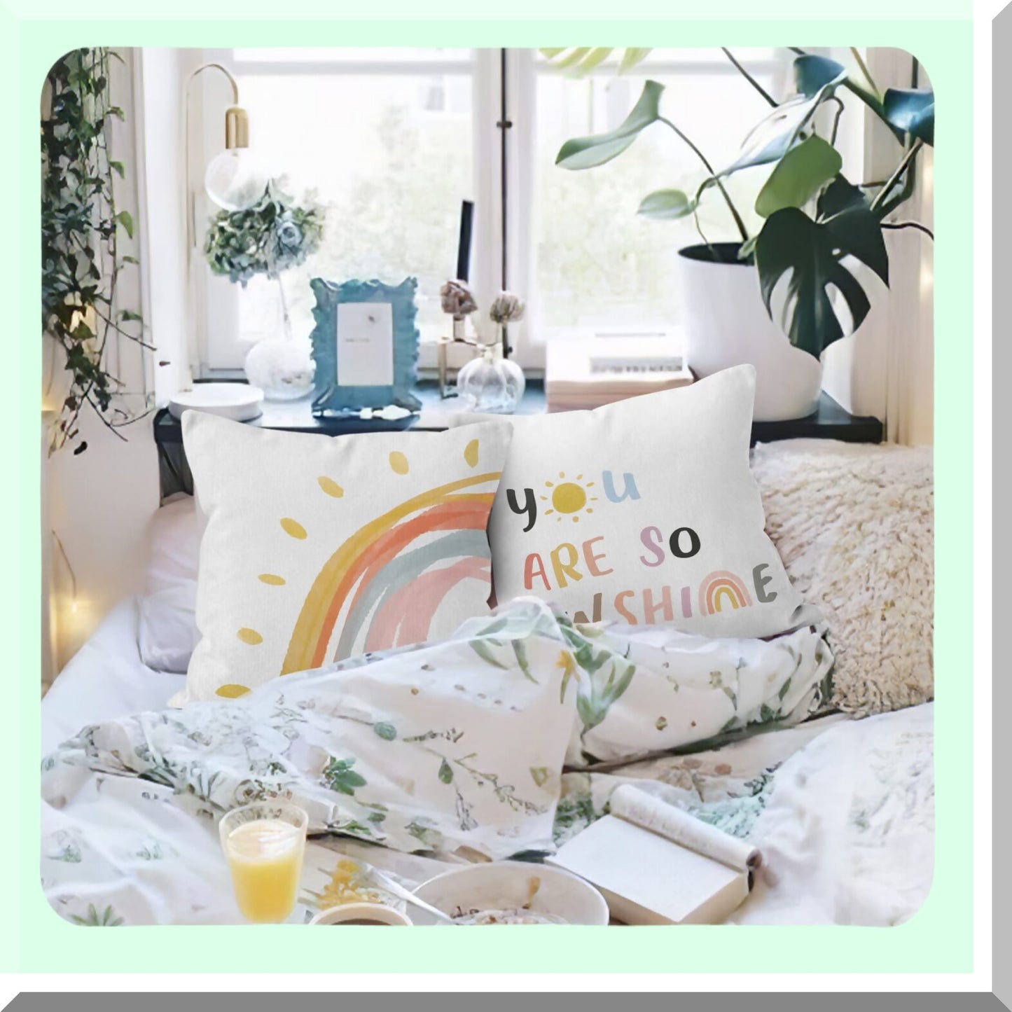 Sunshine Love Rainbow Pillowcase Set - Boho Decorative Throw Pillow Cover for Sofa Bed Baby Room Nursery Decor - Encouragement 18x18 Inch Case