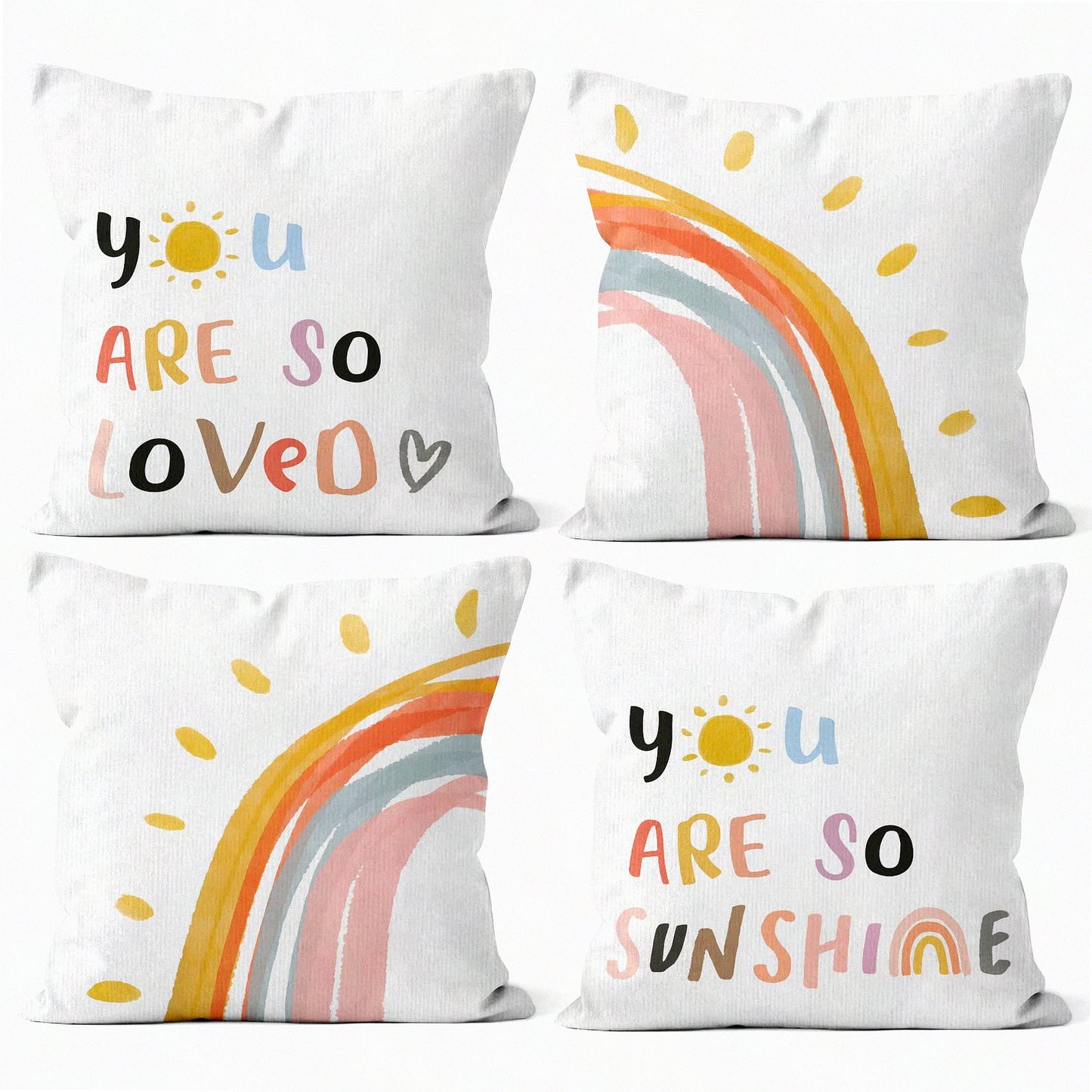 Sunshine Love Rainbow Pillowcase Set - Boho Decorative Throw Pillow Cover for Sofa Bed Baby Room Nursery Decor - Encouragement 18x18 Inch Case