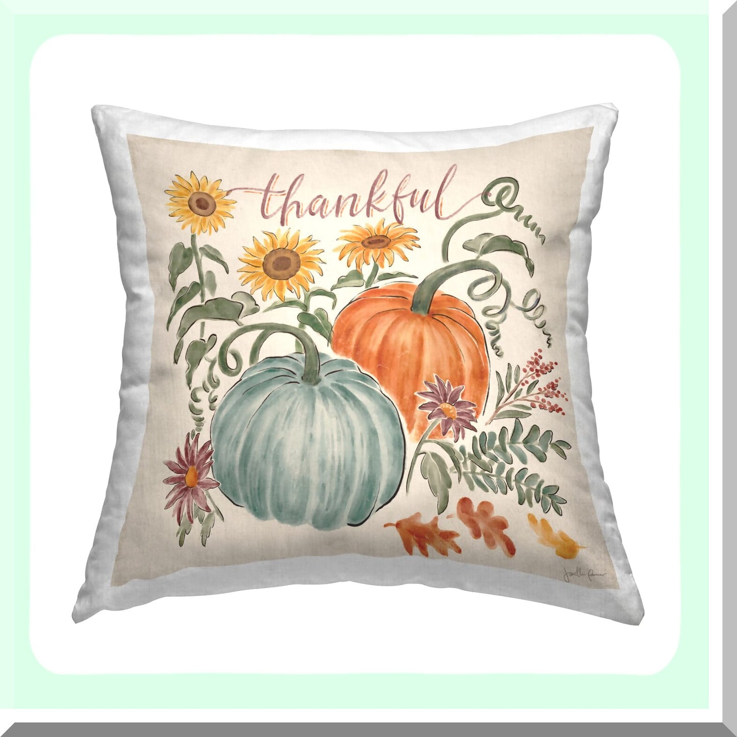 Festive Botanical Calligraphy Throw Pillow - Thankful Pumpkins & Flowers Design - 18x18 Multi-Color Cushion by Janelle Penner