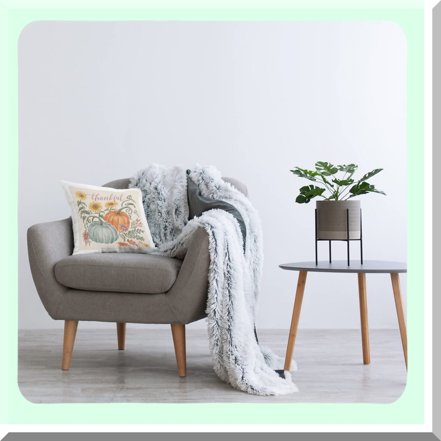 Festive Botanical Calligraphy Throw Pillow - Thankful Pumpkins & Flowers Design - 18x18 Multi-Color Cushion by Janelle Penner