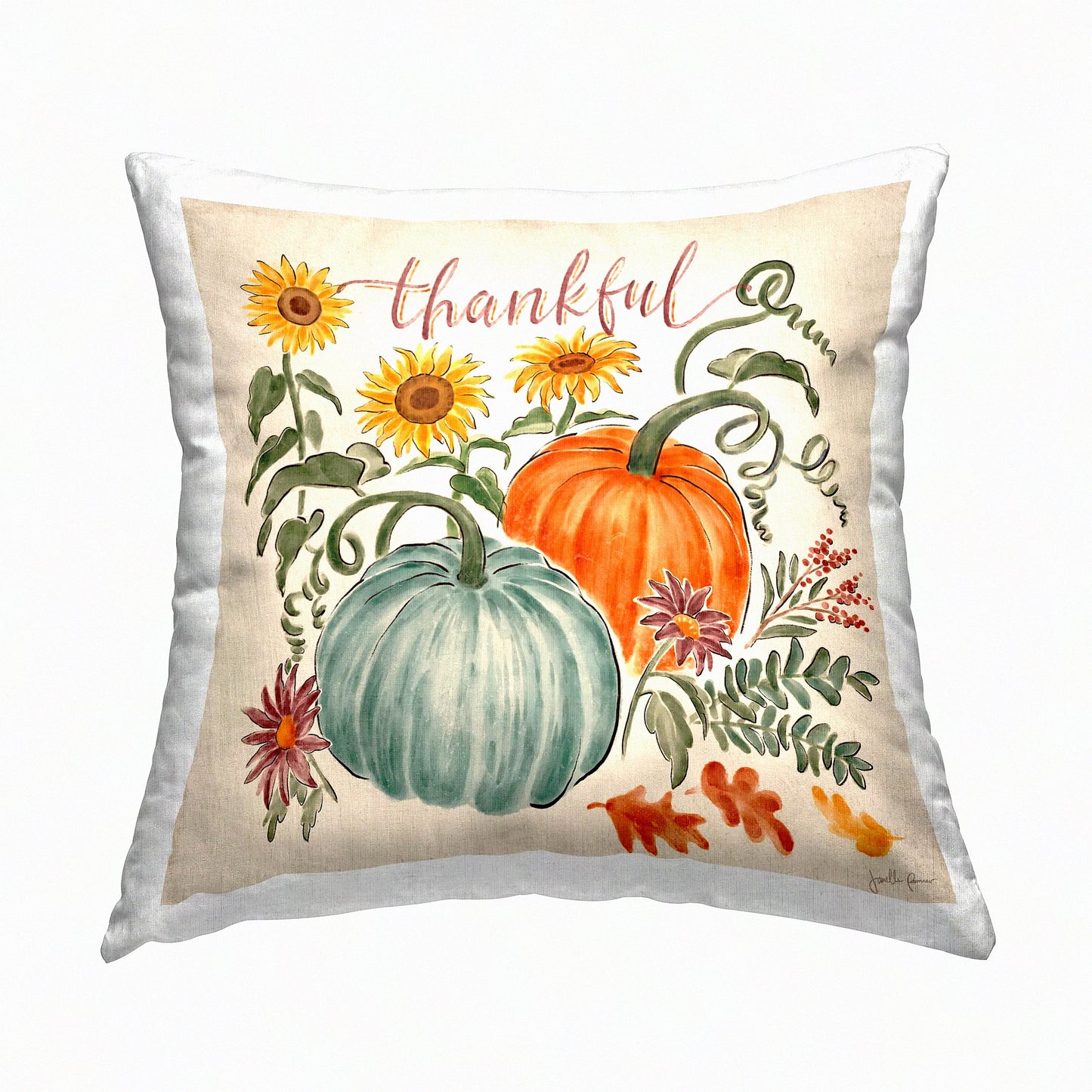 Festive Botanical Calligraphy Throw Pillow - Thankful Pumpkins & Flowers Design - 18x18 Multi-Color Cushion by Janelle Penner