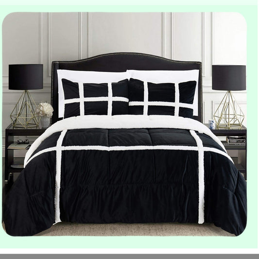Luxury Sherpa Stripe Comforter Set - Premium Micro-Suede Reversible 3-Piece Bedding Set, California King Size - Black Down Alternative Cozy Bedding