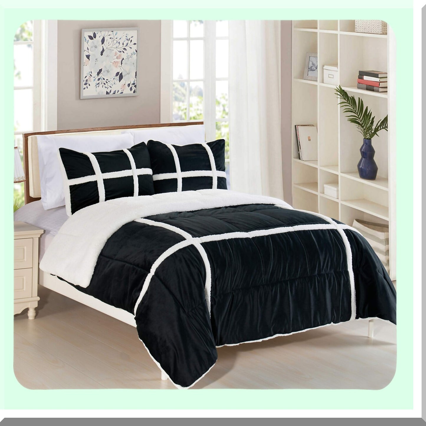 Luxury Sherpa Stripe Comforter Set - Premium Micro-Suede Reversible 3-Piece Bedding Set, California King Size - Black Down Alternative Cozy Bedding