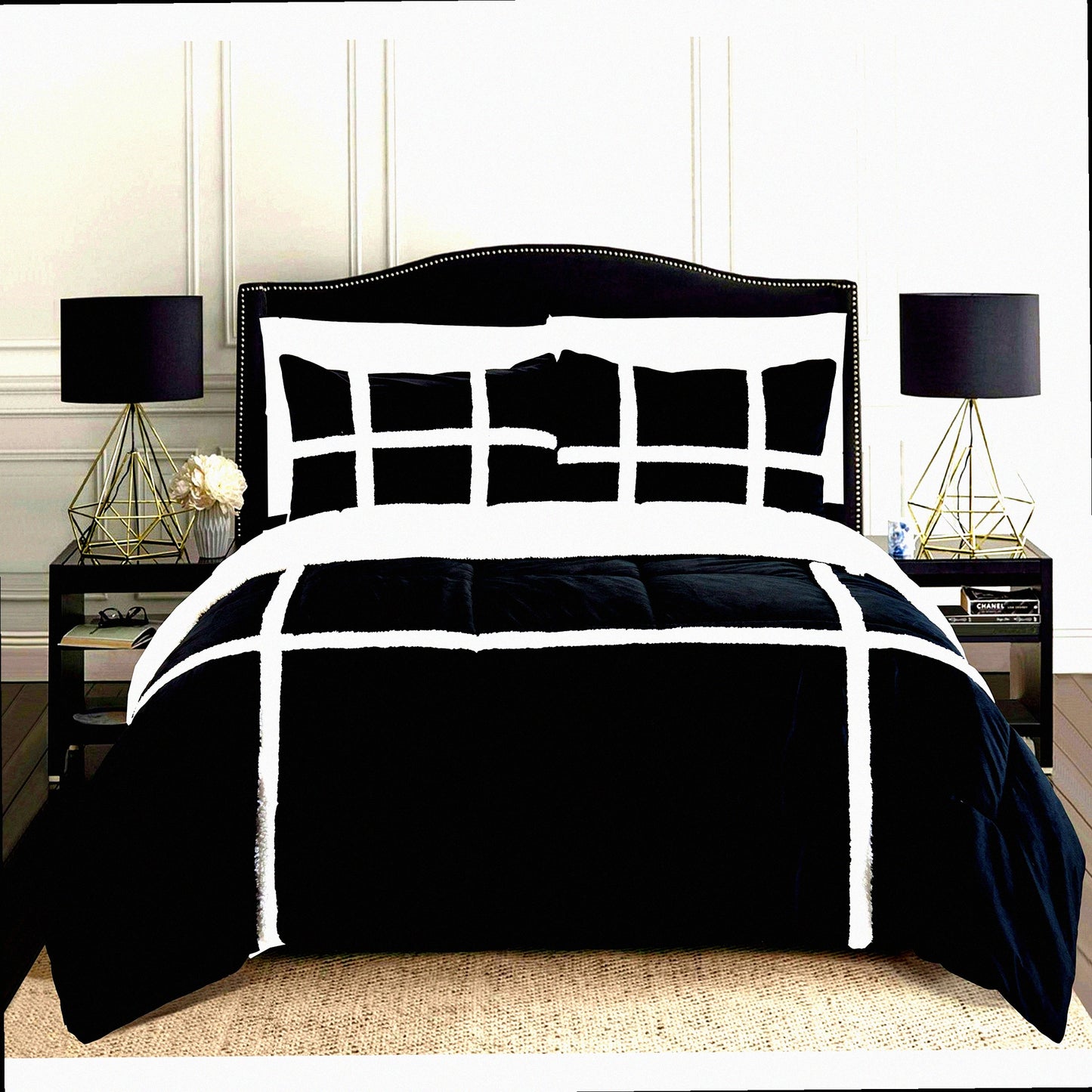 Luxury Sherpa Stripe Comforter Set - Premium Micro-Suede Reversible 3-Piece Bedding Set, California King Size - Black Down Alternative Cozy Bedding