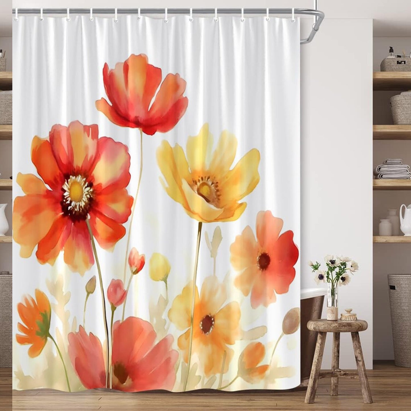 Red Orange Floral Shower Curtain 70x70 Inches