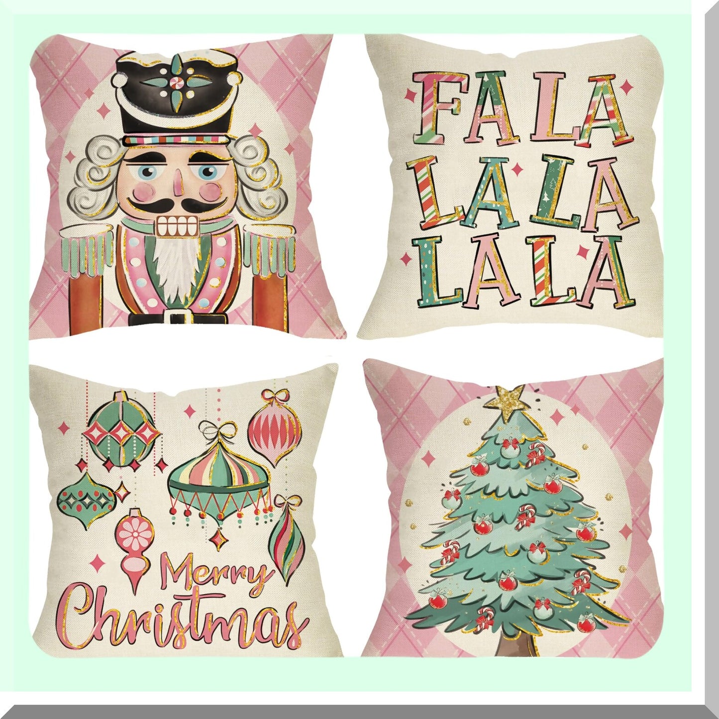 Winter Wonderland Nutcracker Pillow Covers - Set of 4, Festive Pink Xmas Decor for Outdoor Home, Holiday Party Ornaments Cushion Case - 18 x 18