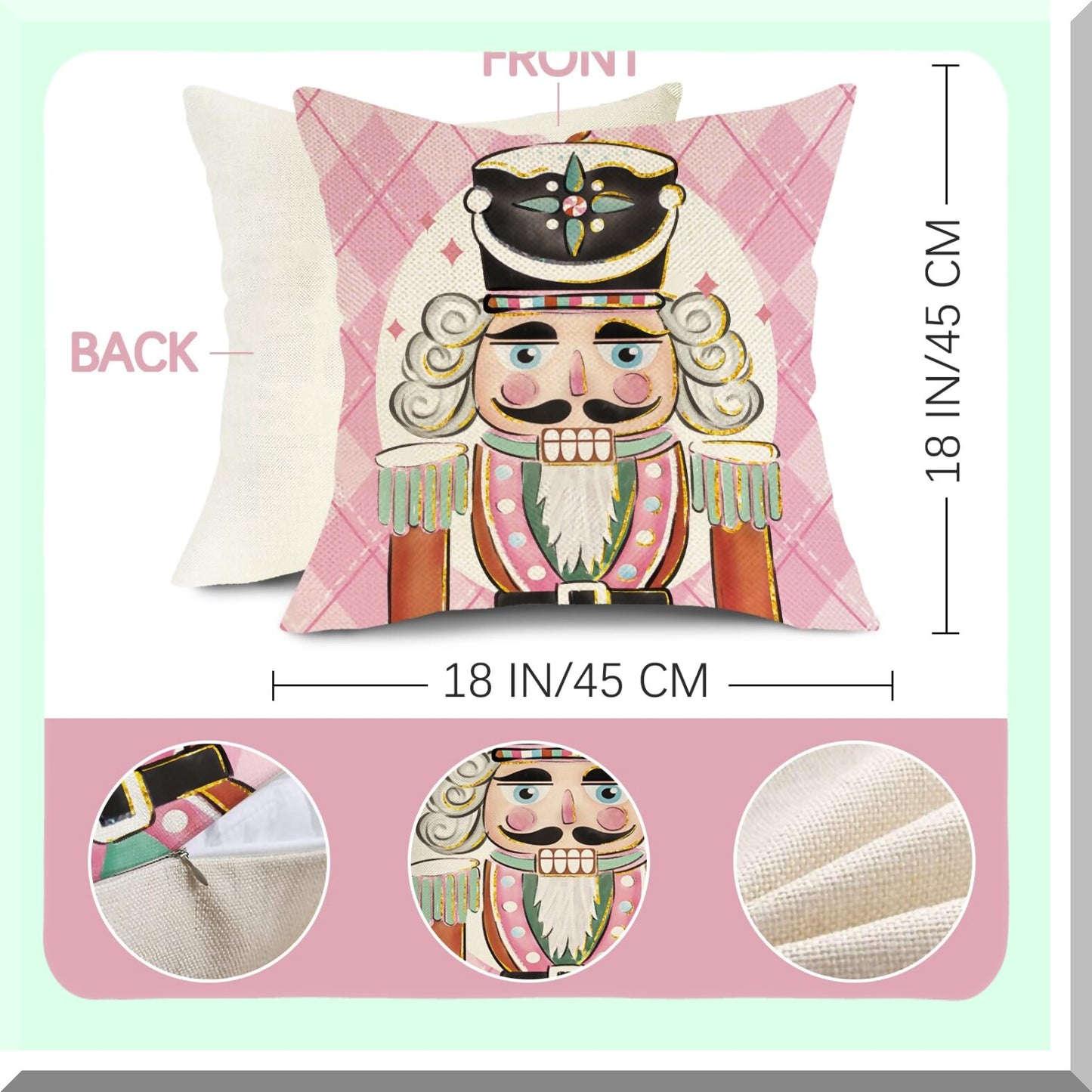 Winter Wonderland Nutcracker Pillow Covers - Set of 4, Festive Pink Xmas Decor for Outdoor Home, Holiday Party Ornaments Cushion Case - 18 x 18