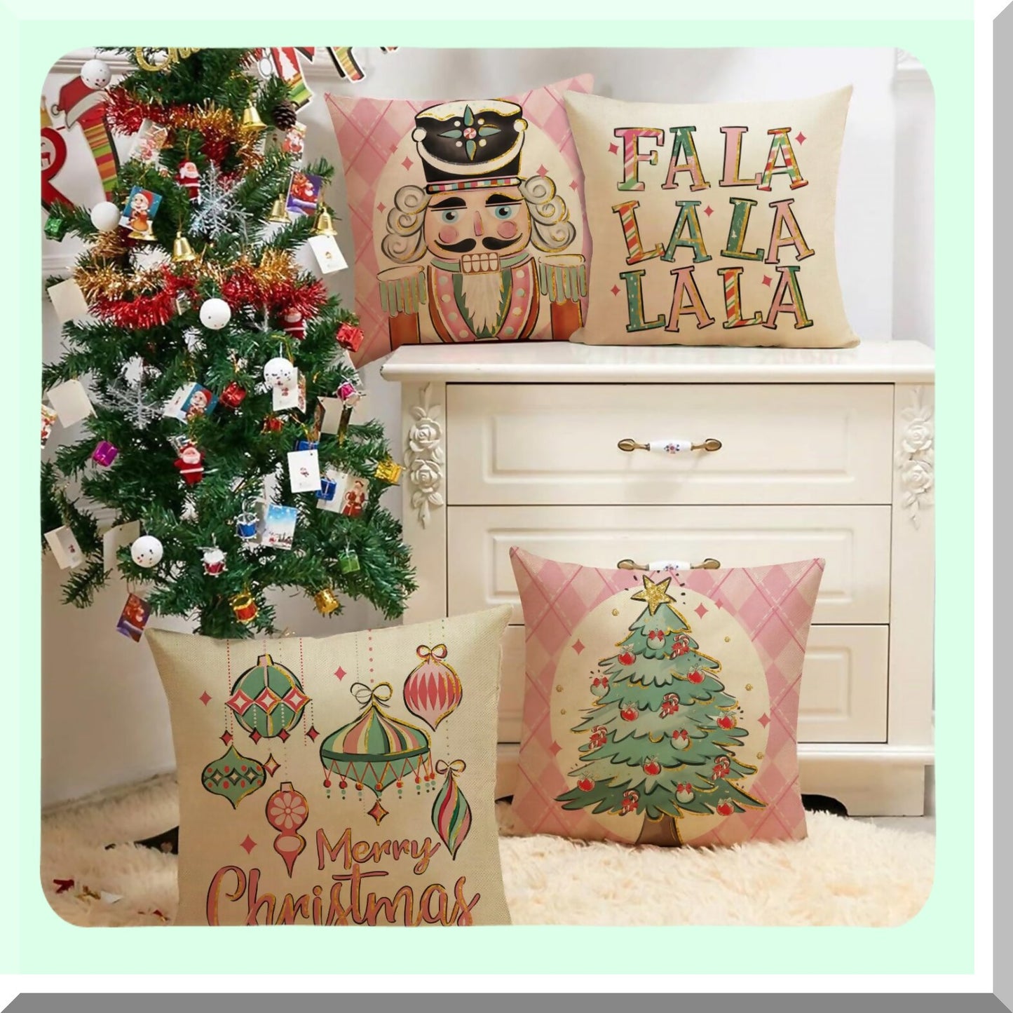 Winter Wonderland Nutcracker Pillow Covers - Set of 4, Festive Pink Xmas Decor for Outdoor Home, Holiday Party Ornaments Cushion Case - 18 x 18