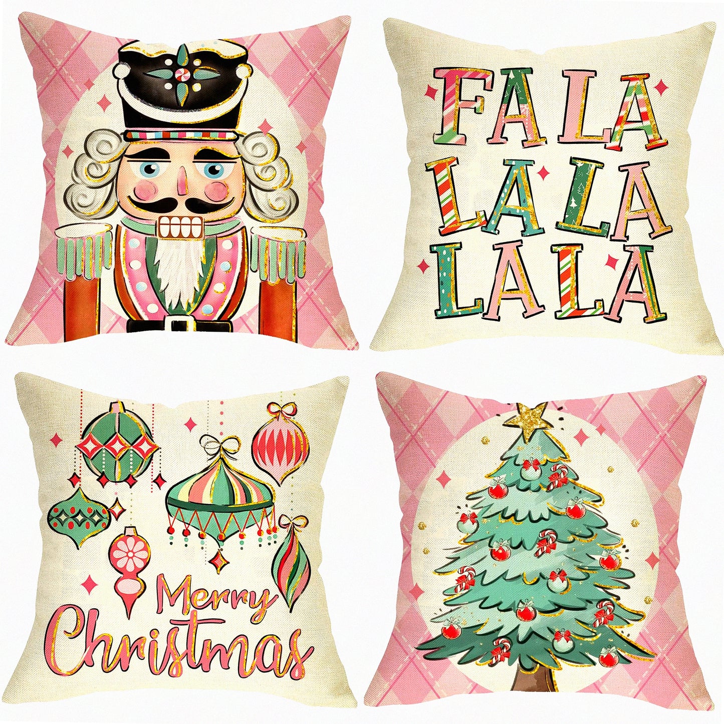 Winter Wonderland Nutcracker Pillow Covers - Set of 4, Festive Pink Xmas Decor for Outdoor Home, Holiday Party Ornaments Cushion Case - 18 x 18