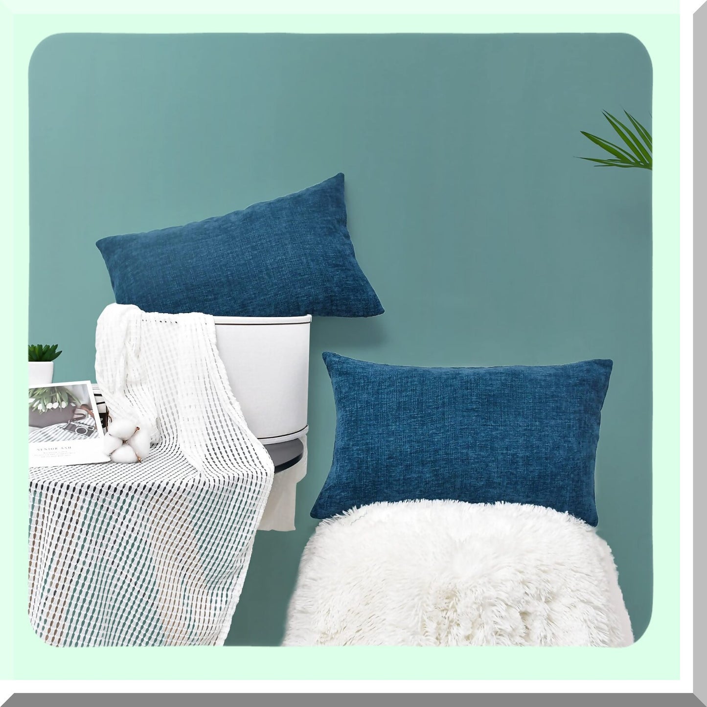 Ocean Blue Chenille Throw Pillow Covers - Set of 2 | Supersoft Decorative Cushion Case for Sofa Couch Bed Chair | 12 X 20 Inches