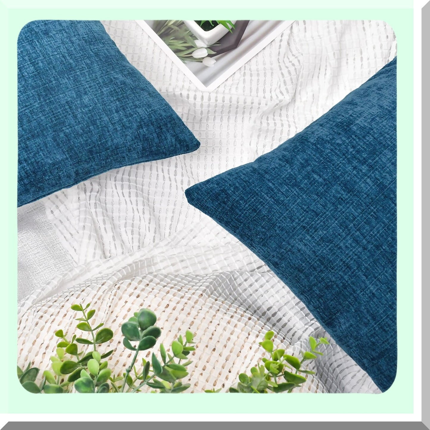 Ocean Blue Chenille Throw Pillow Covers - Set of 2 | Supersoft Decorative Cushion Case for Sofa Couch Bed Chair | 12 X 20 Inches