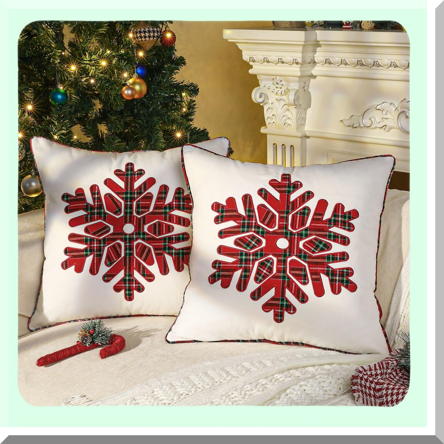 Snowflake Cozy Canvas Pillow Covers - Set of 2 Red Plaid Embroidered Decorative Throw Pillow Cases for Holiday Sofa Couch Bedroom Car - 18x18 Inch Square