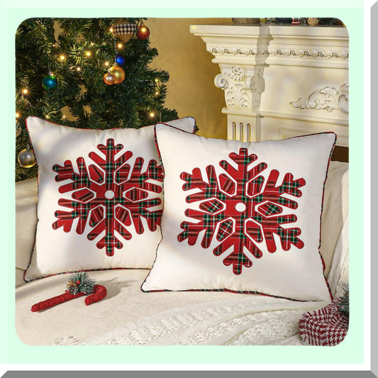 Snowflake Cozy Canvas Pillow Covers - Set of 2 Red Plaid Embroidered Decorative Throw Pillow Cases for Holiday Sofa Couch Bedroom Car - 18x18 Inch Square