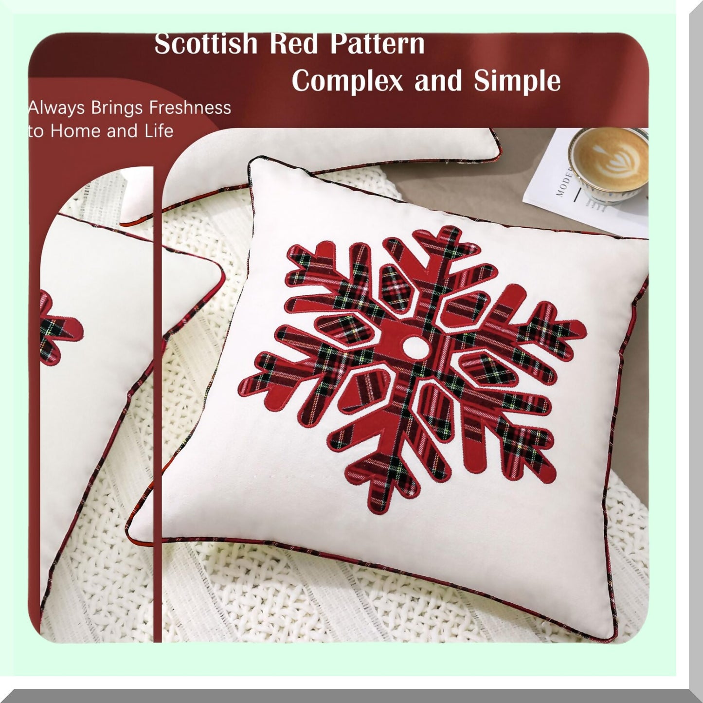 Snowflake Cozy Canvas Pillow Covers - Set of 2 Red Plaid Embroidered Decorative Throw Pillow Cases for Holiday Sofa Couch Bedroom Car - 18x18 Inch Square