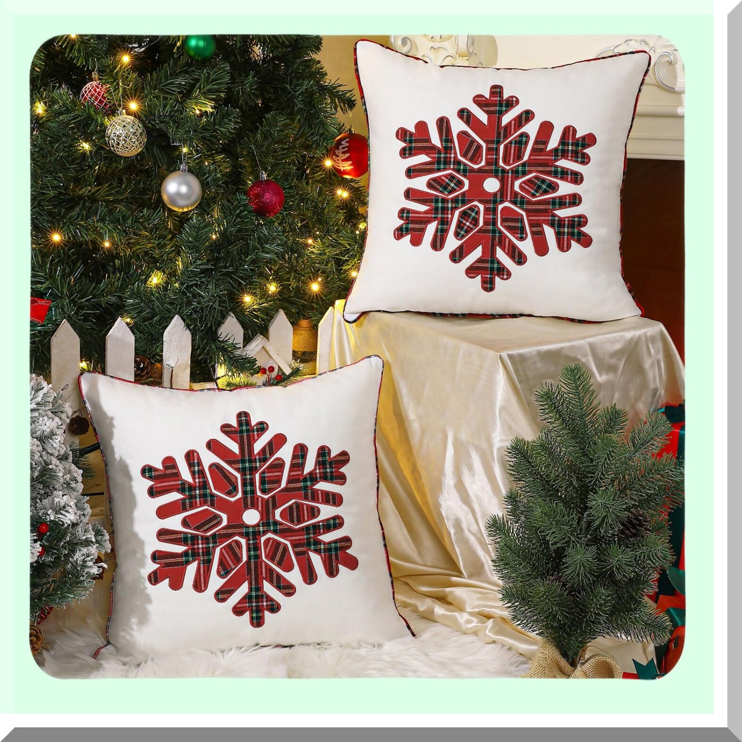 Snowflake Cozy Canvas Pillow Covers - Set of 2 Red Plaid Embroidered Decorative Throw Pillow Cases for Holiday Sofa Couch Bedroom Car - 18x18 Inch Square