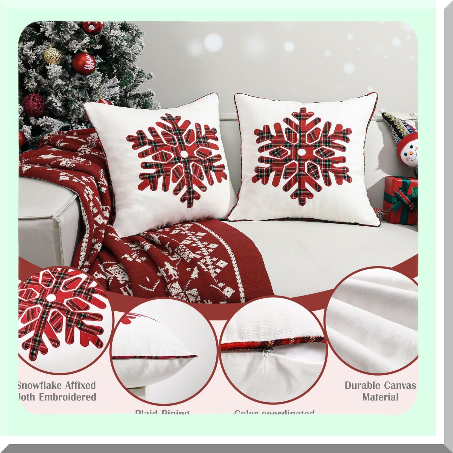 Snowflake Cozy Canvas Pillow Covers - Set of 2 Red Plaid Embroidered Decorative Throw Pillow Cases for Holiday Sofa Couch Bedroom Car - 18x18 Inch Square