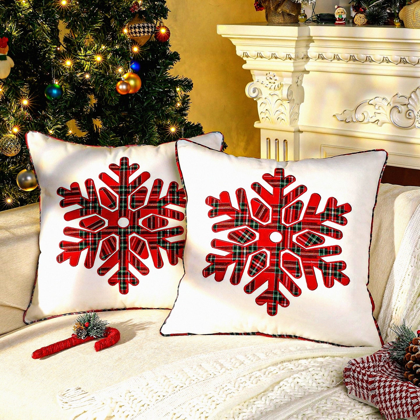 Snowflake Cozy Canvas Pillow Covers - Set of 2 Red Plaid Embroidered Decorative Throw Pillow Cases for Holiday Sofa Couch Bedroom Car - 18x18 Inch Square