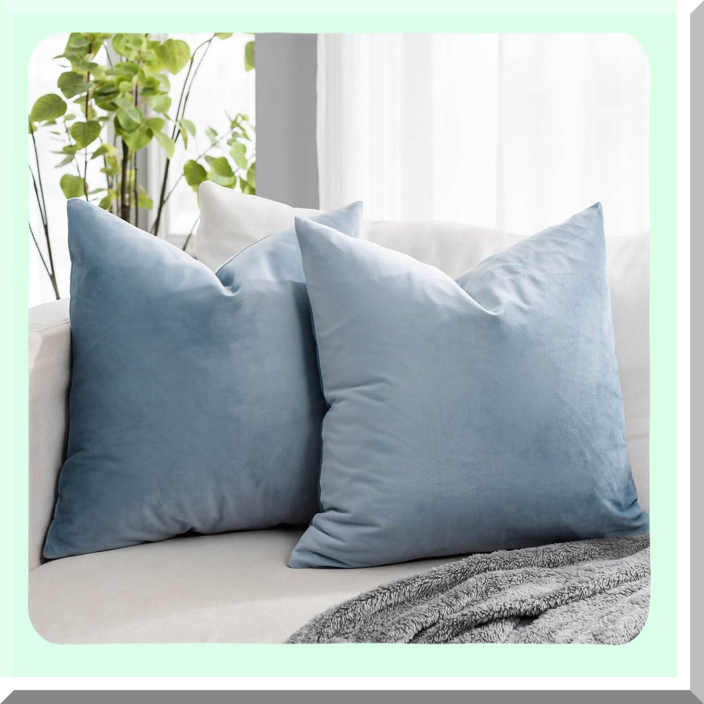 Luxury Velvet Sky Blue Throw Pillow Covers - Set of 2 20x20 inch - Soft Solid Square Cushion Cases for Sofa Couch Bed - Living Room Decor Zippered