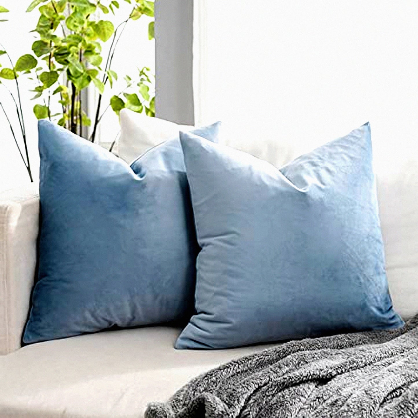 Luxury Velvet Sky Blue Throw Pillow Covers - Set of 2 20x20 inch - Soft Solid Square Cushion Cases for Sofa Couch Bed - Living Room Decor Zippered