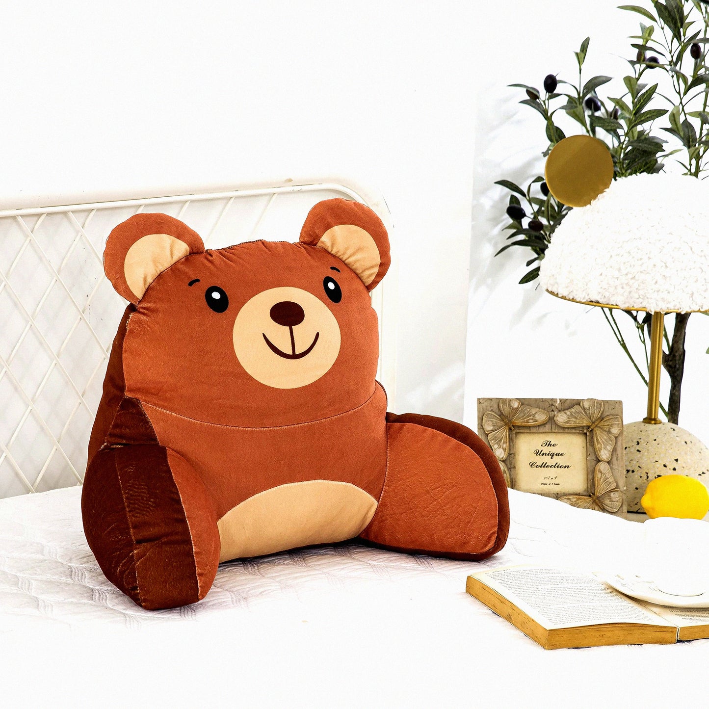 Cozy Cub Reading Lounge Pillow - Plush Backrest with Arms for Kids, Mini Bedrest Prop Up Bear Pillow for Sitting in Bed