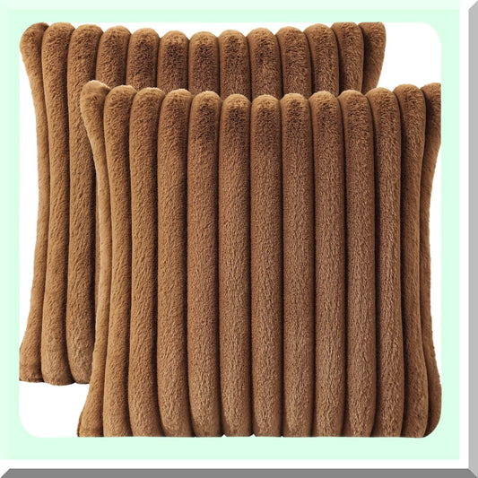 Cozy Velvet Rabbit Striped Pillow Covers - Set of 2 Decorative Throw Cushion Cases for Couch Sofa Bedroom - Super Soft Fuzzy 24 x 24-Inch Brown