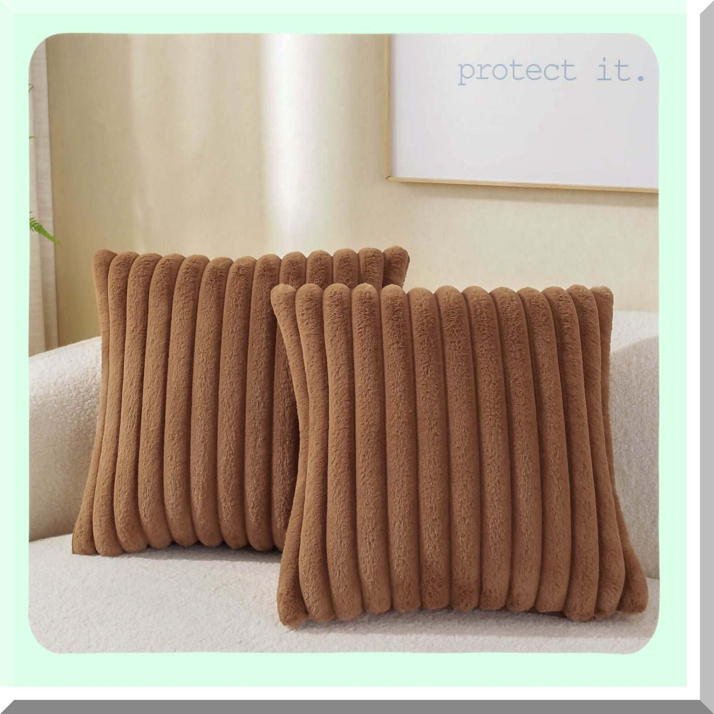 Cozy Velvet Rabbit Striped Pillow Covers - Set of 2 Decorative Throw Cushion Cases for Couch Sofa Bedroom - Super Soft Fuzzy 24 x 24-Inch Brown