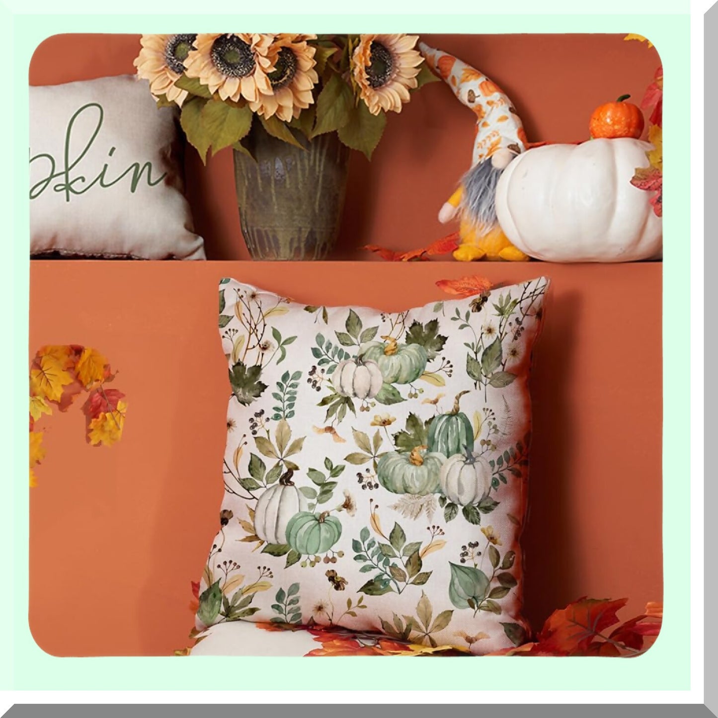 Autumn Harvest Pillow Covers Set - Pumpkin Maple Leaf Flower Decorative Throw Pillow Case - Fall Farmhouse Decor for Home Couch - 18x18 inch - Thanksgiving Theme