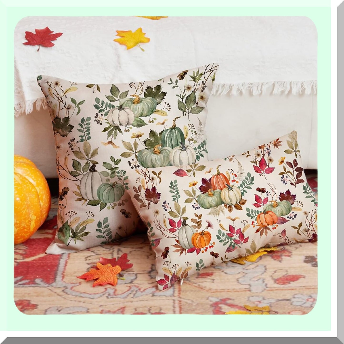 Autumn Harvest Pillow Covers Set - Pumpkin Maple Leaf Flower Decorative Throw Pillow Case - Fall Farmhouse Decor for Home Couch - 18x18 inch - Thanksgiving Theme