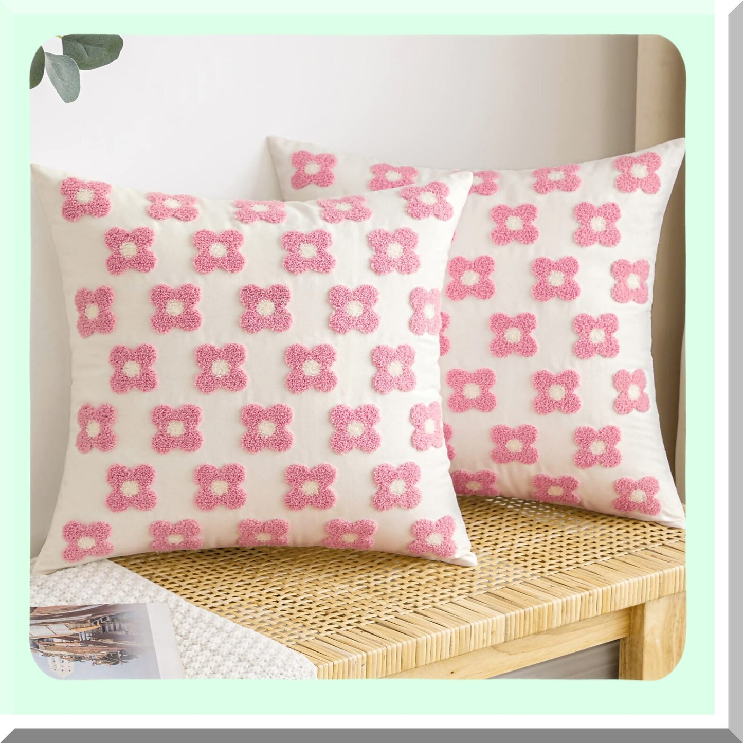 Sunflower Bloom Jacquard Pillowcase Set - Decorative Daisy Cushion Covers for Couch Sofa Bed, 18x18 Inch Square, Pink & White, Living Room Bedroom