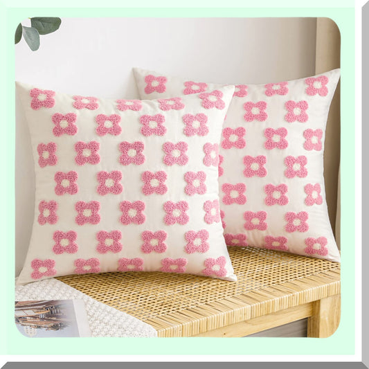 Sunflower Bloom Jacquard Pillowcase Set - Decorative Daisy Cushion Covers for Couch Sofa Bed, 18x18 Inch Square, Pink & White, Living Room Bedroom