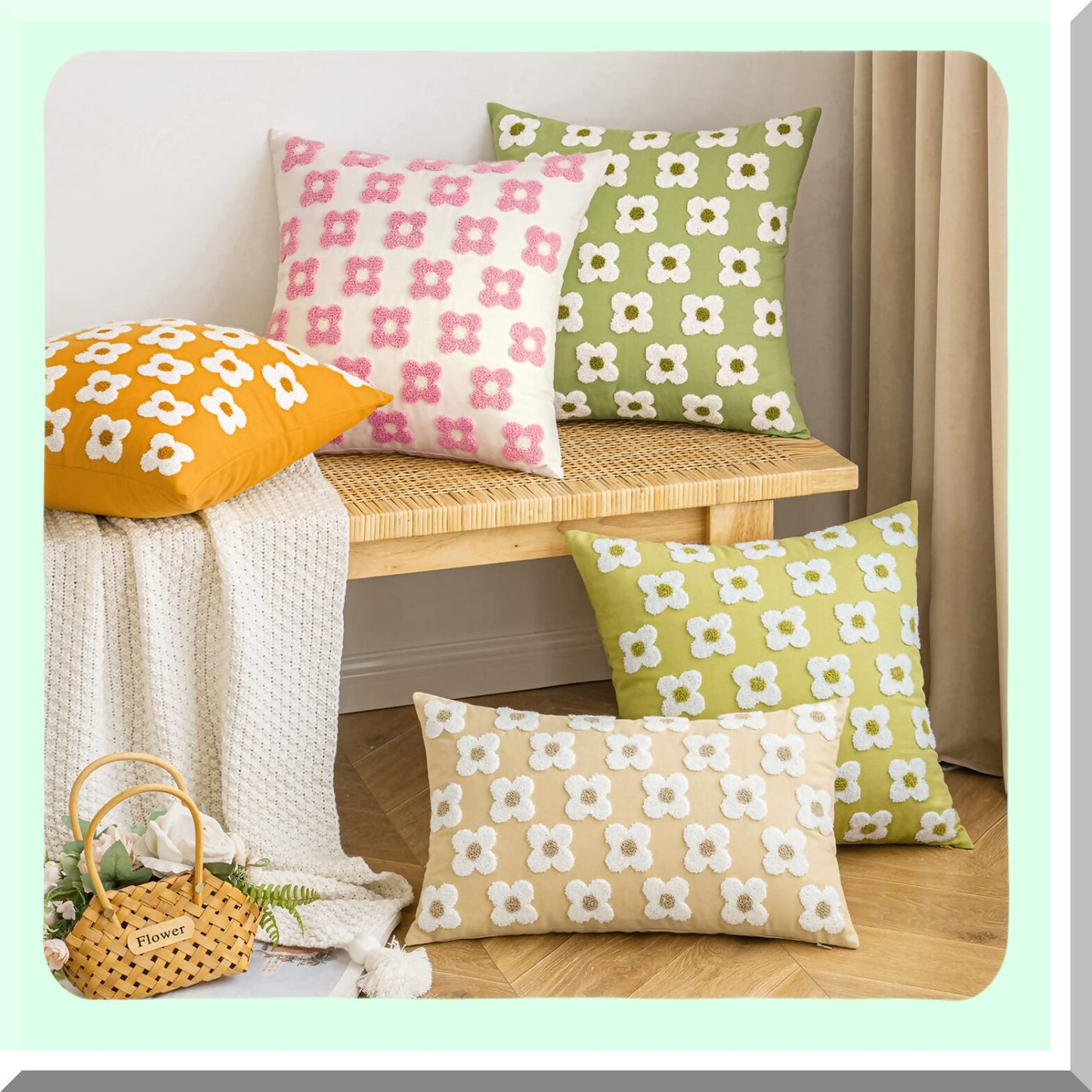 Sunflower Bloom Jacquard Pillowcase Set - Decorative Daisy Cushion Covers for Couch Sofa Bed, 18x18 Inch Square, Pink & White, Living Room Bedroom