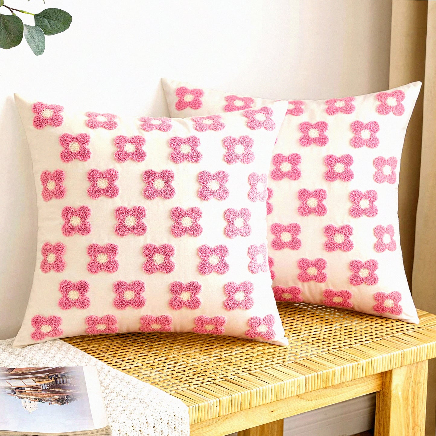 Sunflower Bloom Jacquard Pillowcase Set - Decorative Daisy Cushion Covers for Couch Sofa Bed, 18x18 Inch Square, Pink & White, Living Room Bedroom