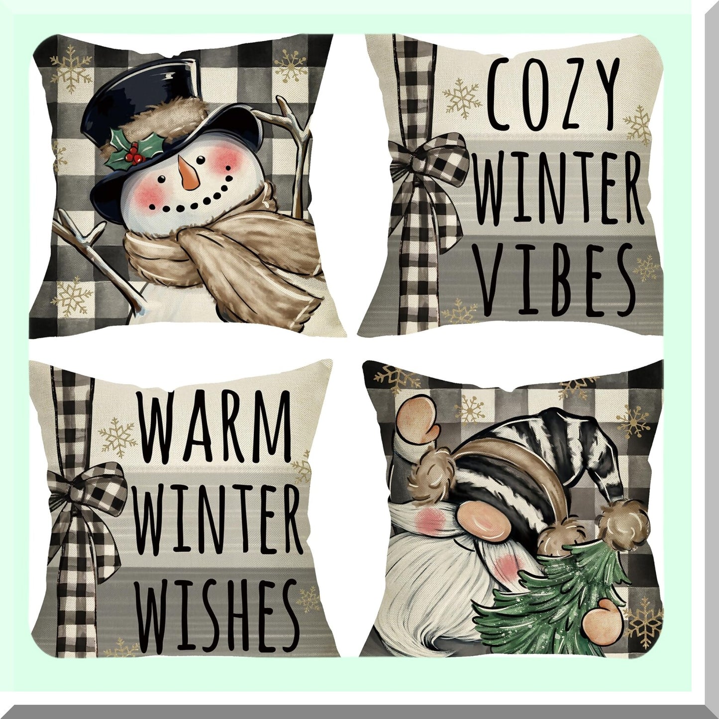 Cozy Snowman Gnome Winter Pillow Covers - Set of 4, Buffalo Plaid Holiday Farmhouse Cushion Case - 18 x 18 Decorative Outdoor Home Decor