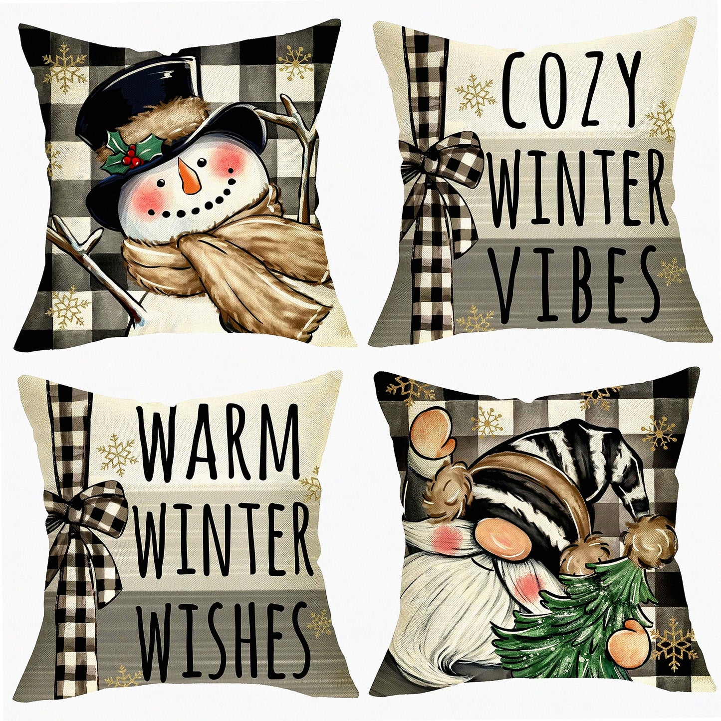 Cozy Snowman Gnome Winter Pillow Covers - Set of 4, Buffalo Plaid Holiday Farmhouse Cushion Case - 18 x 18 Decorative Outdoor Home Decor