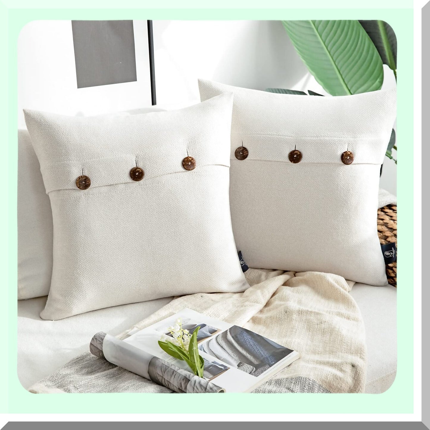 Vintage Linen Triple Button Farmhouse Pillow Covers - Off White Decorative Cushion Cases for Couch, Bed, Chair - 26x26 inches Pack of 2