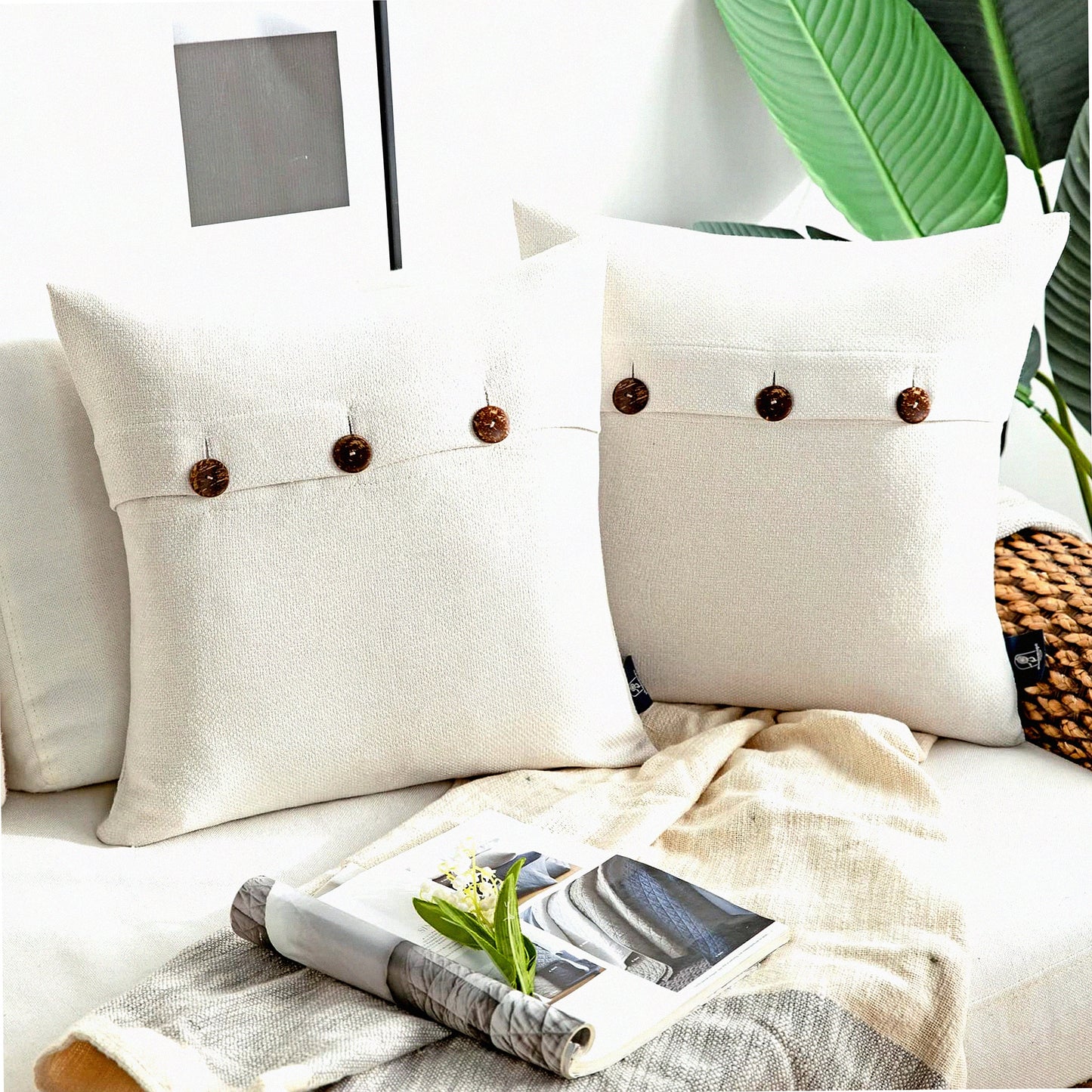 Vintage Linen Triple Button Farmhouse Pillow Covers - Off White Decorative Cushion Cases for Couch, Bed, Chair - 26x26 inches Pack of 2