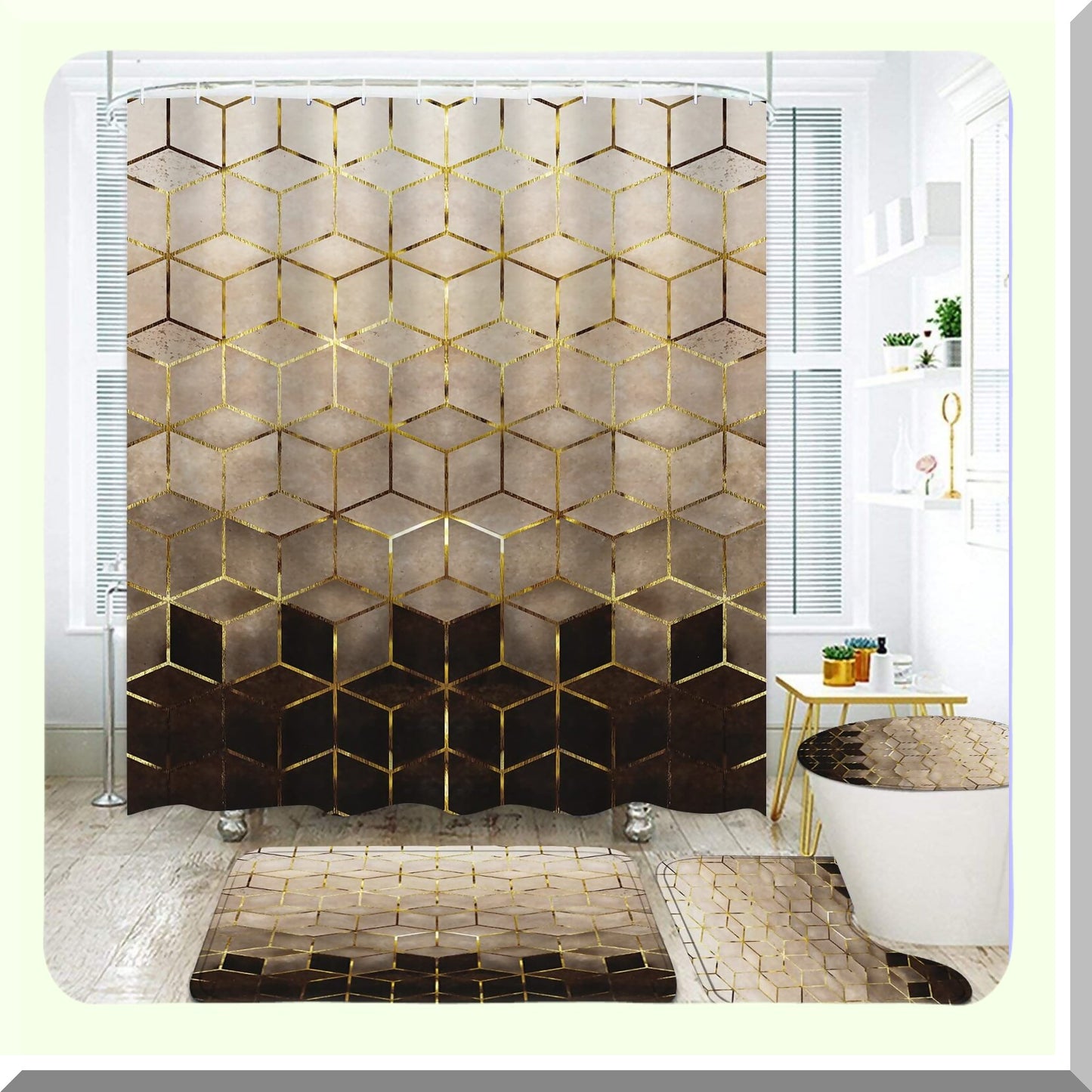 4Pcs Brown Gradient Shower Curtain Set