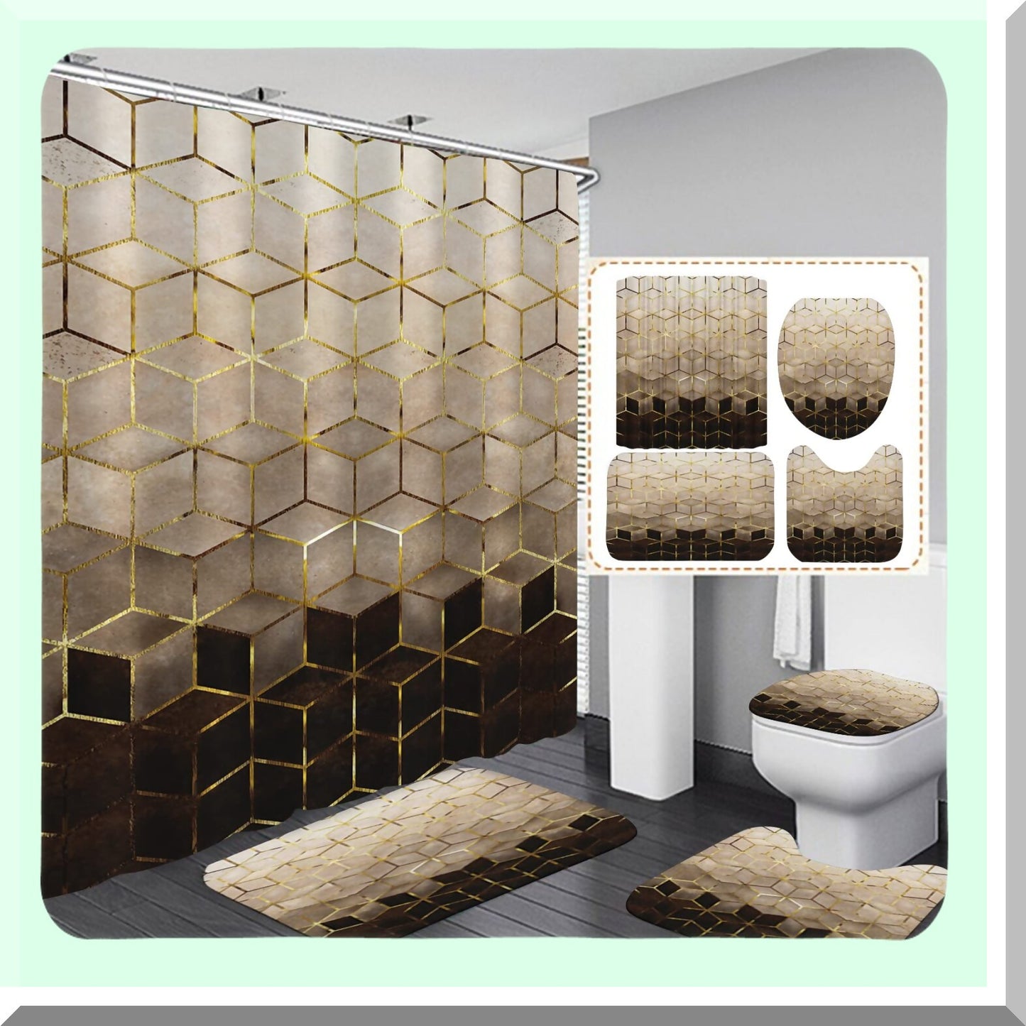 4Pcs Brown Gradient Shower Curtain Set