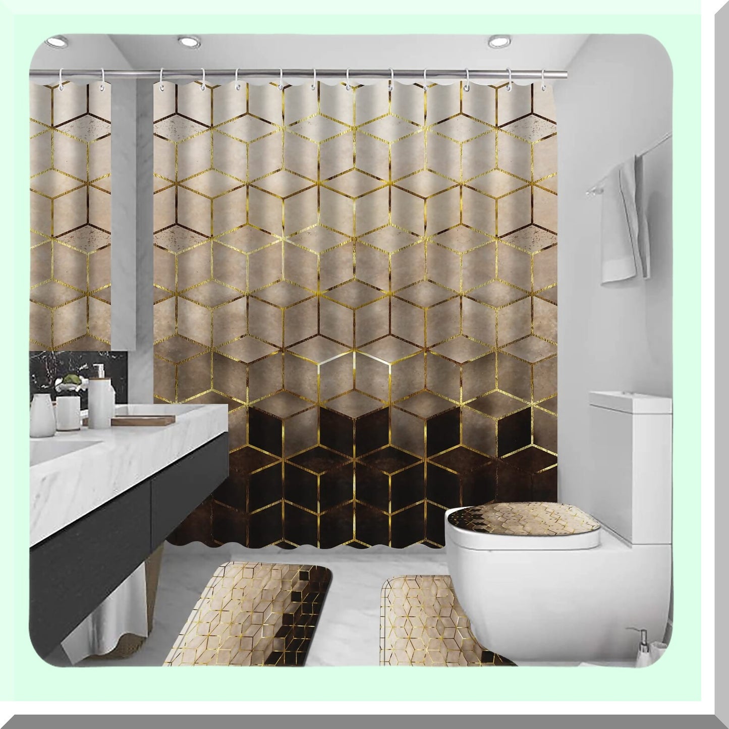 4Pcs Brown Gradient Shower Curtain Set