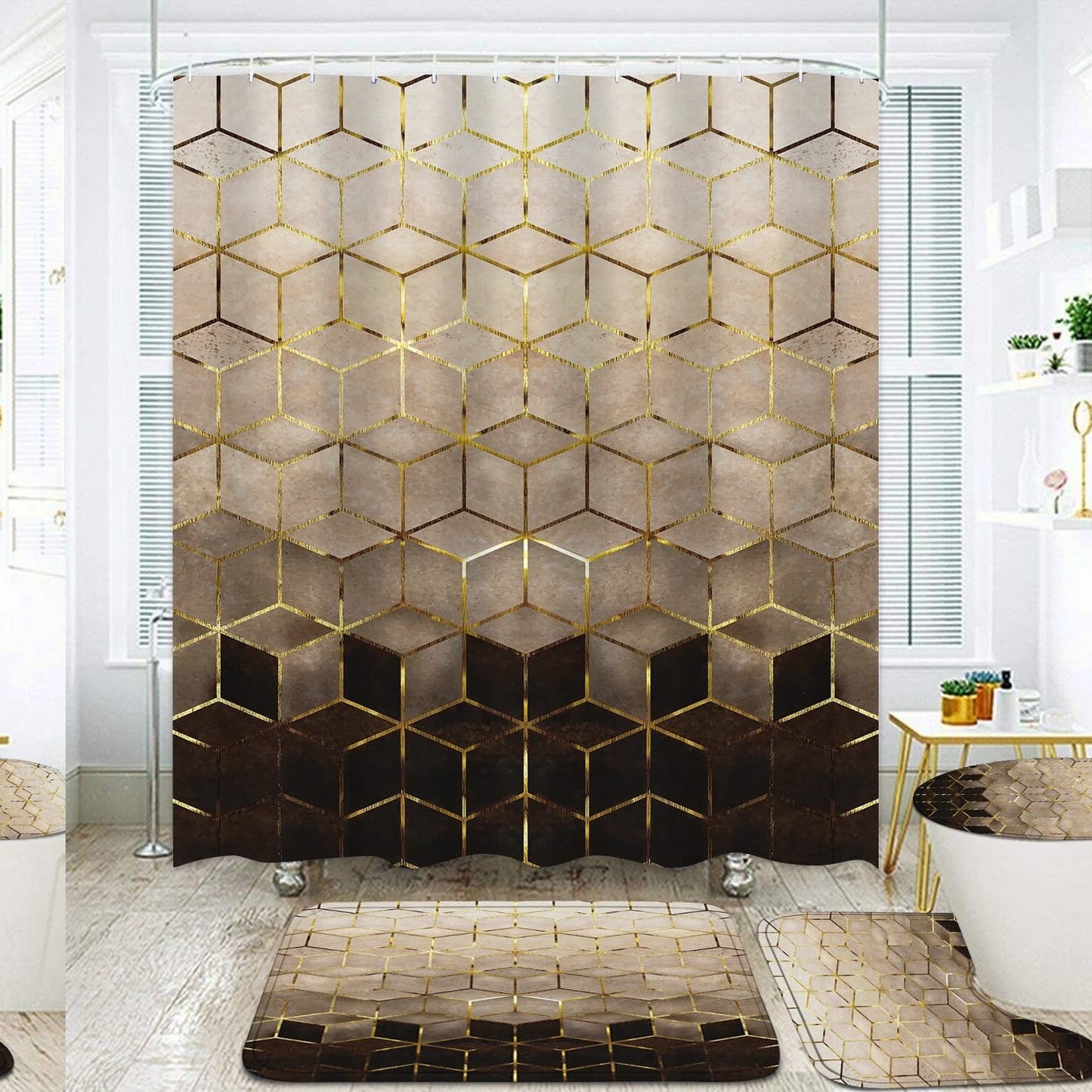 4Pcs Brown Gradient Shower Curtain Set