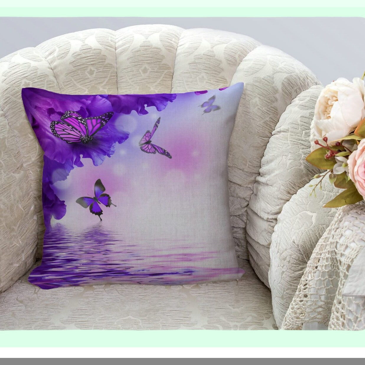 Fantasy Wings Purple Butterfly Pillow Cover - Decorative 18x18 Inches Square Pillowcase for Home Decor with Animal Flower Water White Design