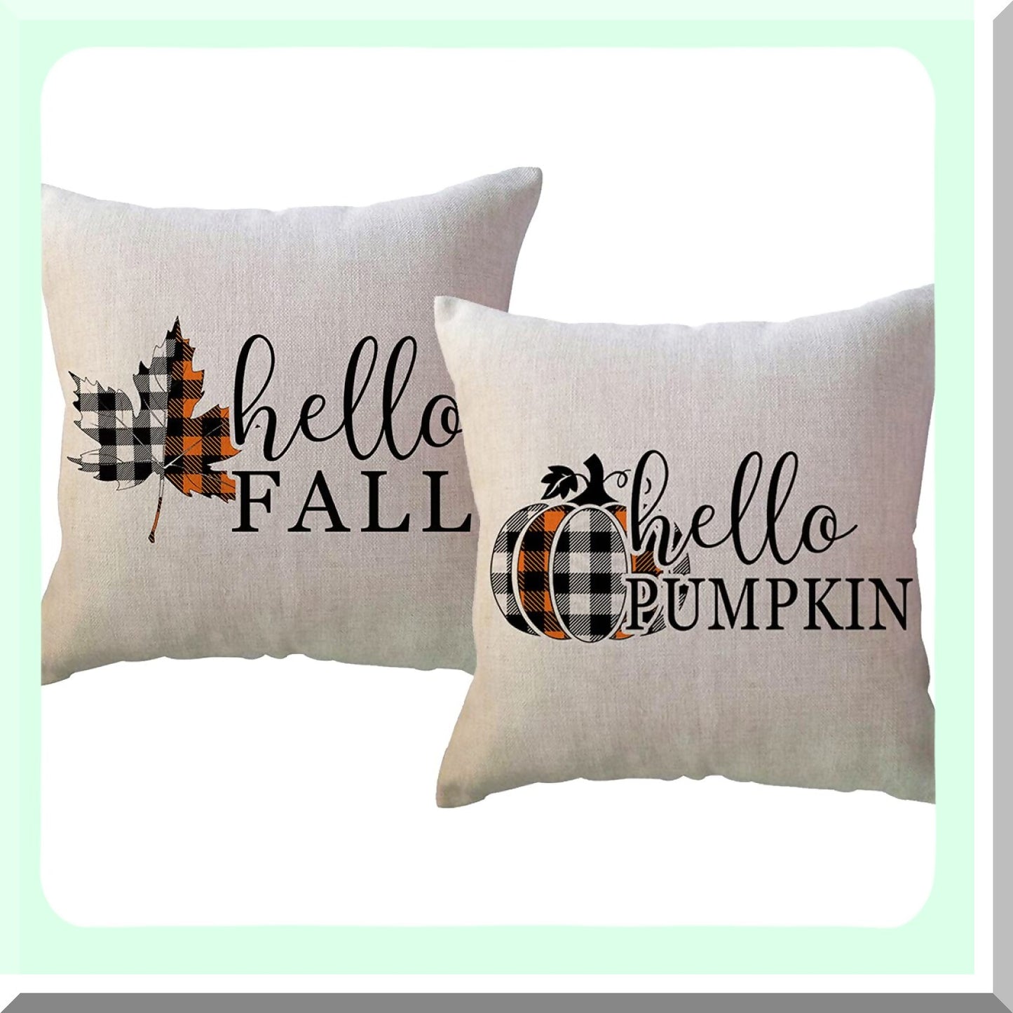 Autumn Harvest Plaid Pillow Covers - Set of 2 Farmhouse Decor Cushion Cover 18x18 for Sofa/Couch/Porch - Pumpkin Maple Leaves Design
