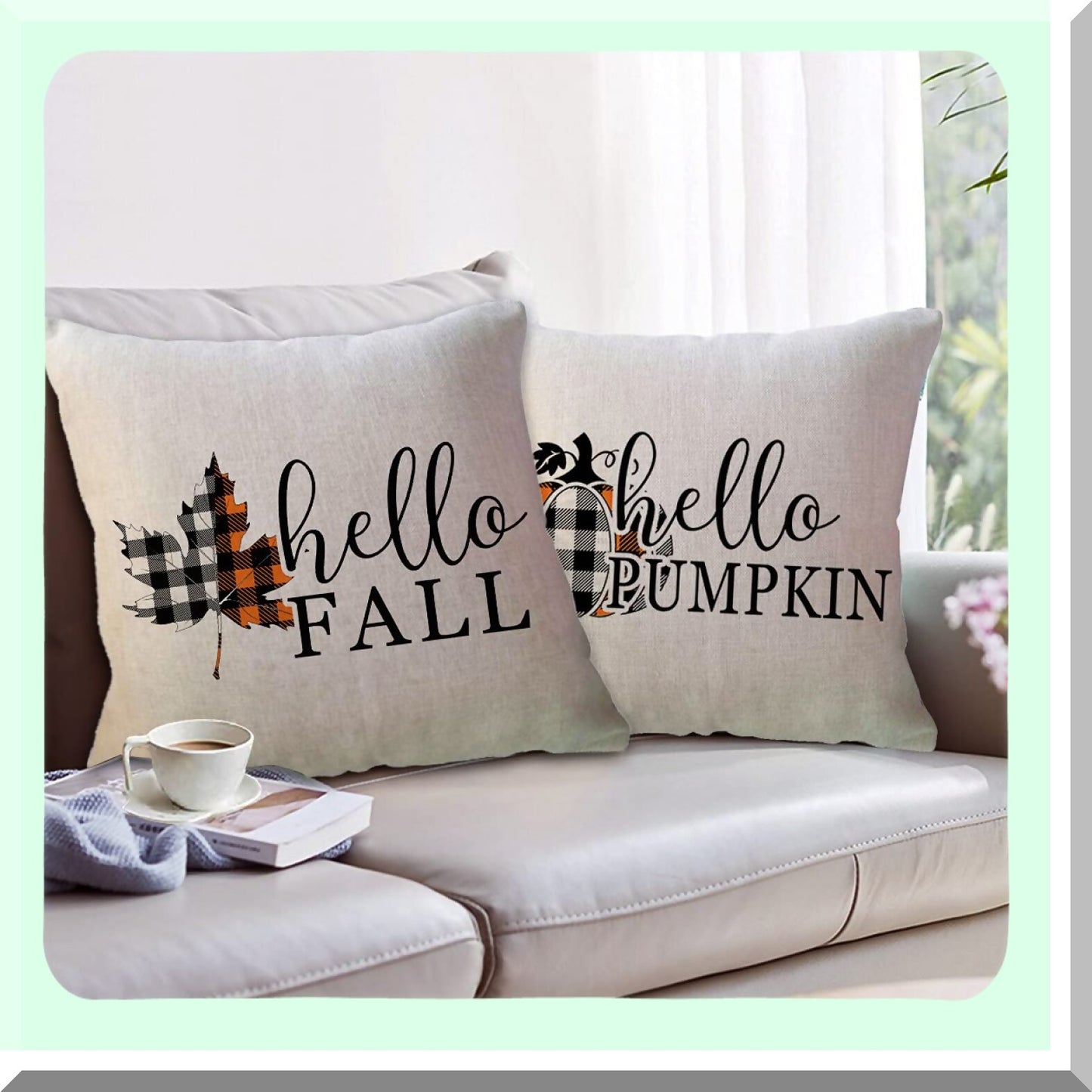 Autumn Harvest Plaid Pillow Covers - Set of 2 Farmhouse Decor Cushion Cover 18x18 for Sofa/Couch/Porch - Pumpkin Maple Leaves Design