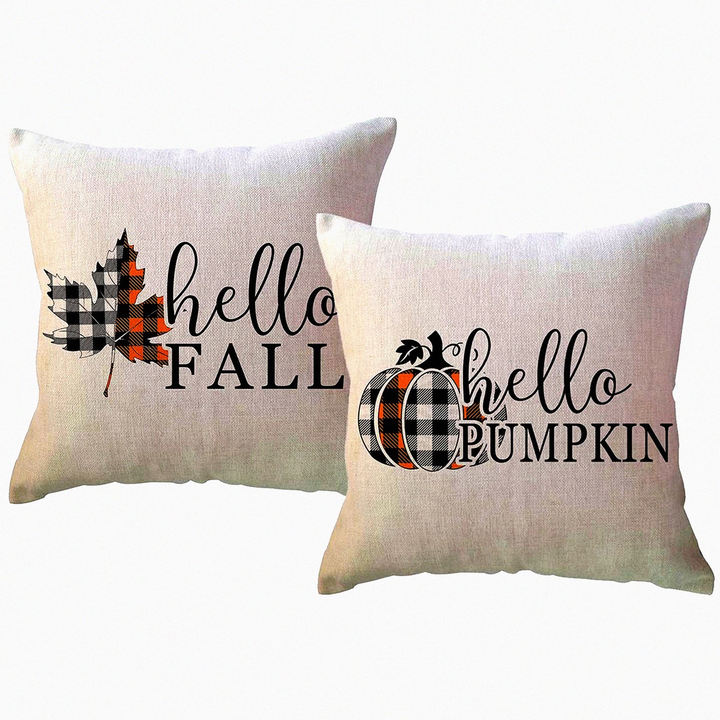 Autumn Harvest Plaid Pillow Covers - Set of 2 Farmhouse Decor Cushion Cover 18x18 for Sofa/Couch/Porch - Pumpkin Maple Leaves Design