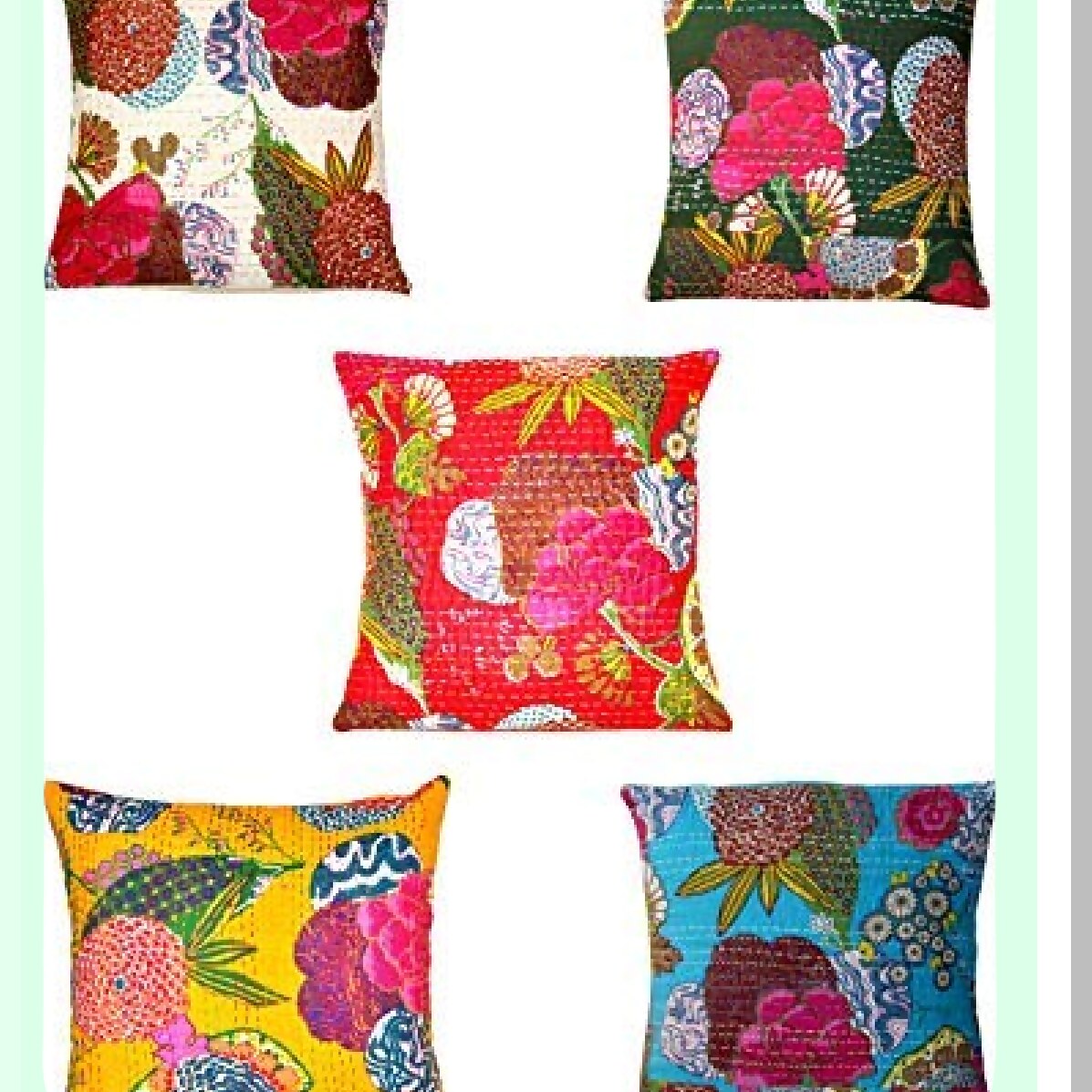Boho Chic Kantha Pillow Set - 5 Pcs White Embroidered Cushion Covers - Vintage Floral Fruit Print - Traditional Cotton Home Decor - 16X16 Inches