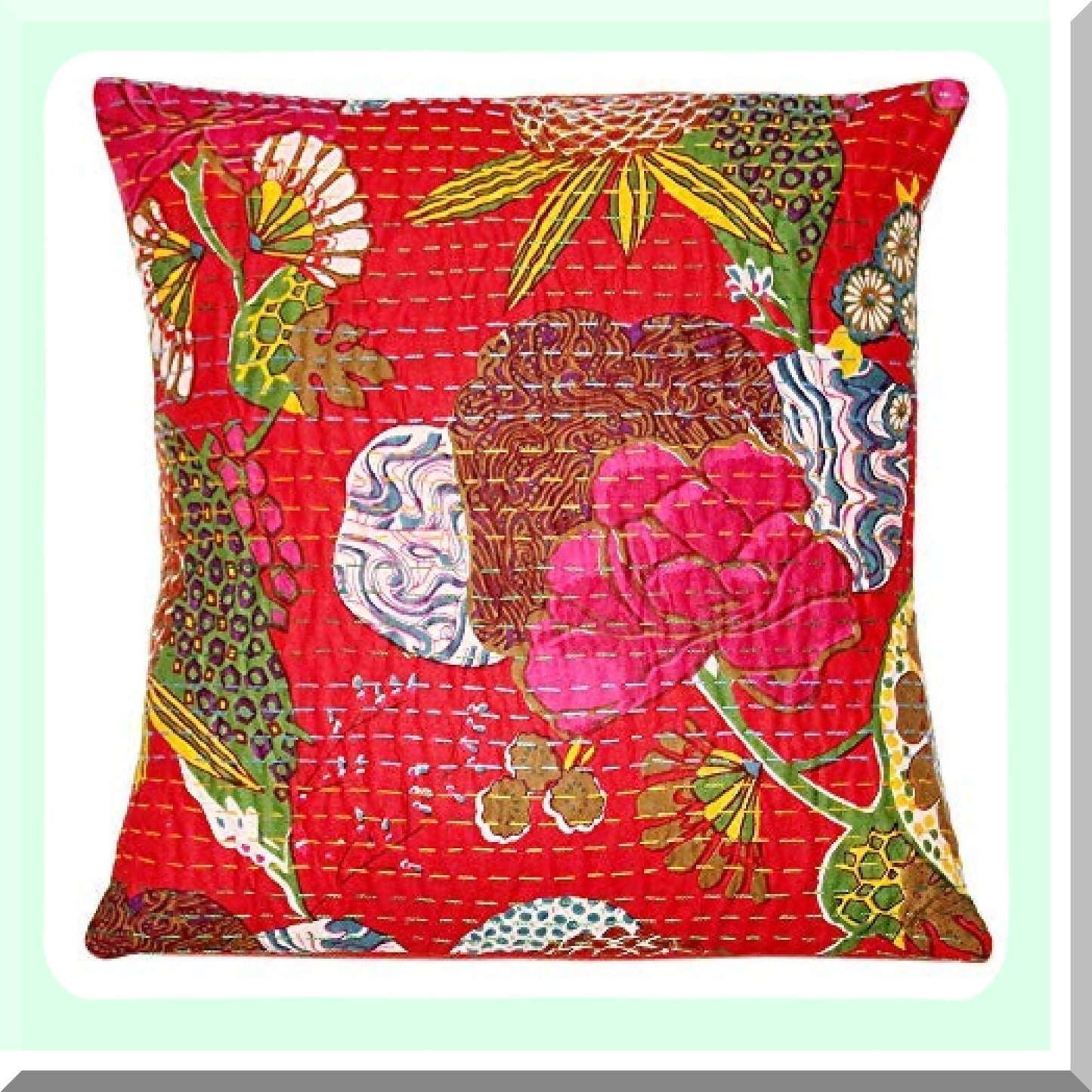 Boho Chic Kantha Pillow Set - 5 Pcs White Embroidered Cushion Covers - Vintage Floral Fruit Print - Traditional Cotton Home Decor - 16X16 Inches