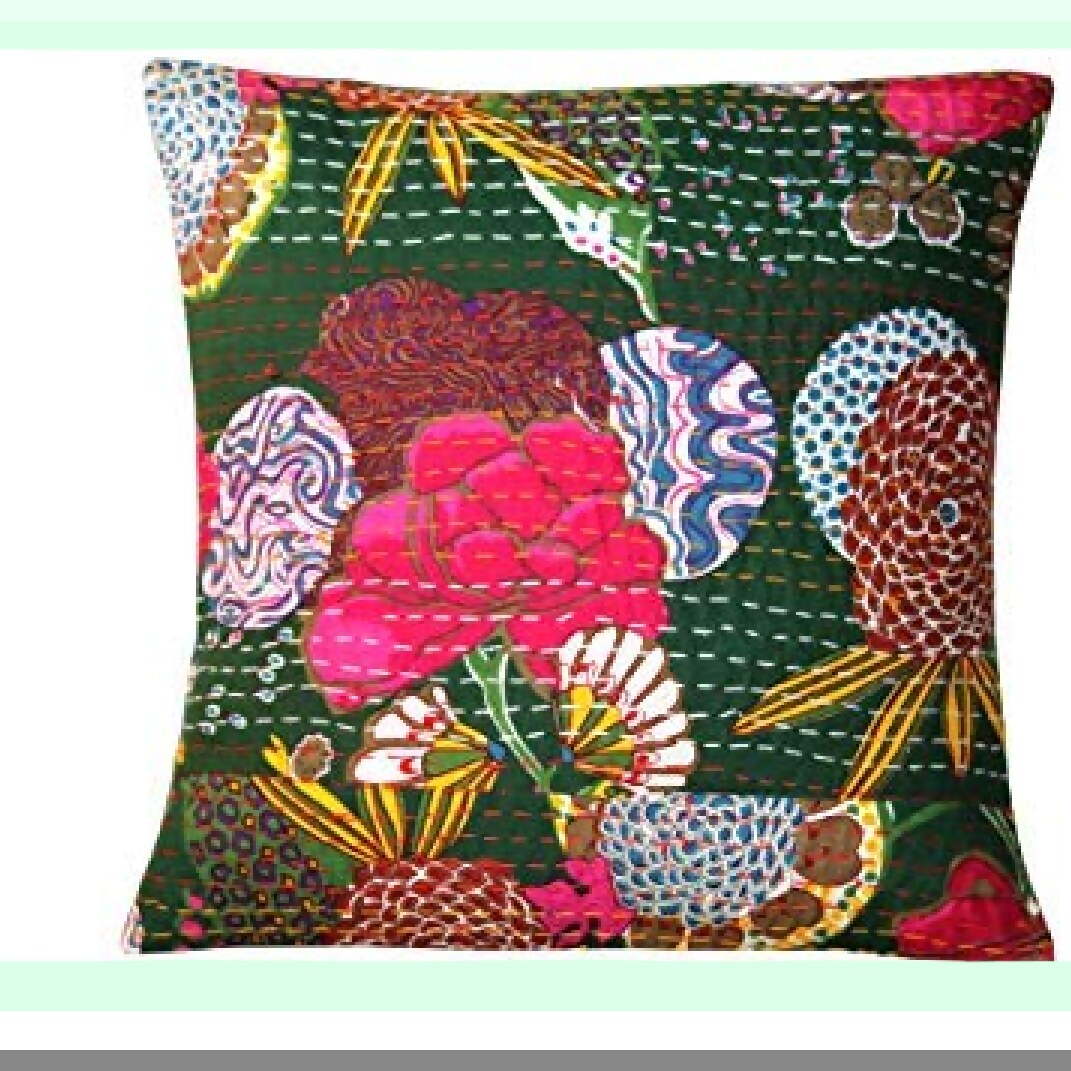 Boho Chic Kantha Pillow Set - 5 Pcs White Embroidered Cushion Covers - Vintage Floral Fruit Print - Traditional Cotton Home Decor - 16X16 Inches